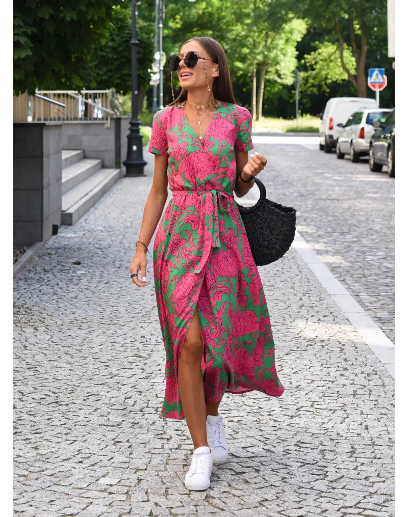 Ophelia - Damen Wickelkleid mit V-Ausschnitt und Bindegürtel